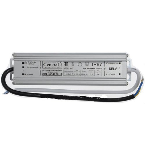 Блок питания для светодиодной ленты General 12В 60Вт IP67 GDLI-60-IP67-12 фото Блок питания для светодиодной ленты General 12В 60Вт IP67 GDLI-60-IP67-12 картинка